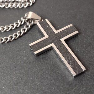 24 Inch Black And Silver Tone Cross Necklace